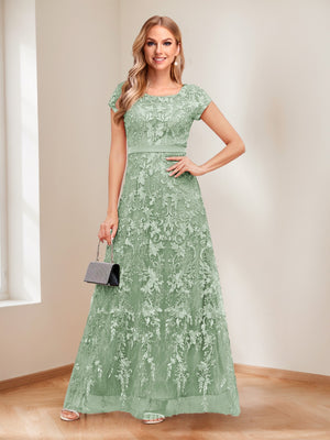 A-Line/Princess Scoop Short Sleeves Mother of the Bride Dresses with Appliques & Beading