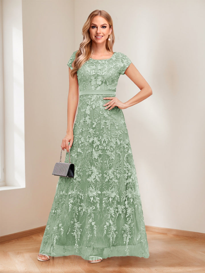 A-Line/Princess Scoop Short Sleeves Mother of the Bride Dresses with Appliques &amp; Beading