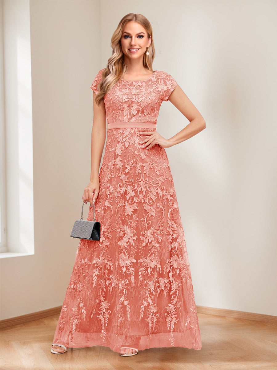 A-Line/Princess Scoop Short Sleeves Mother of the Bride Dresses with Appliques &amp; Beading