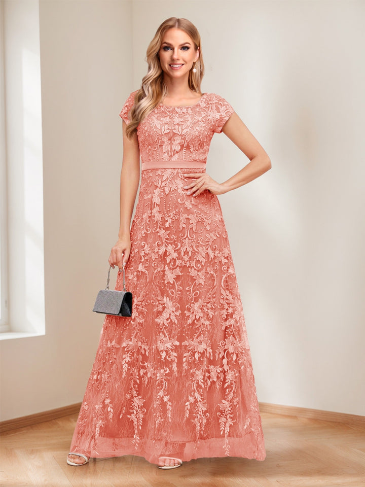 A-Line/Princess Scoop Short Sleeves Mother of the Bride Dresses with Appliques &amp; Beading