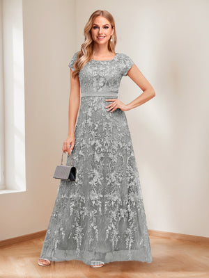 A-Line/Princess Scoop Short Sleeves Mother of the Bride Dresses with Appliques & Beading