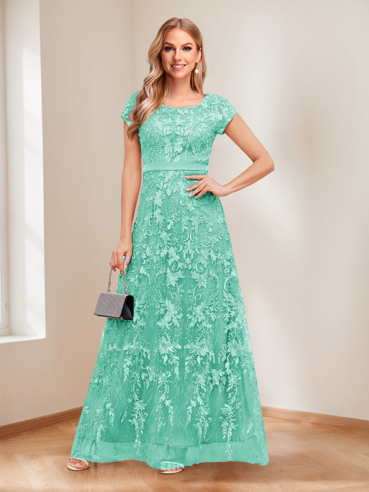 A-Line/Princess Scoop Short Sleeves Mother of the Bride Dresses with Appliques &amp; Beading