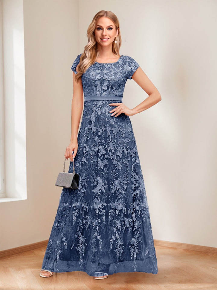 A-Line/Princess Scoop Short Sleeves Mother of the Bride Dresses with Appliques &amp; Beading