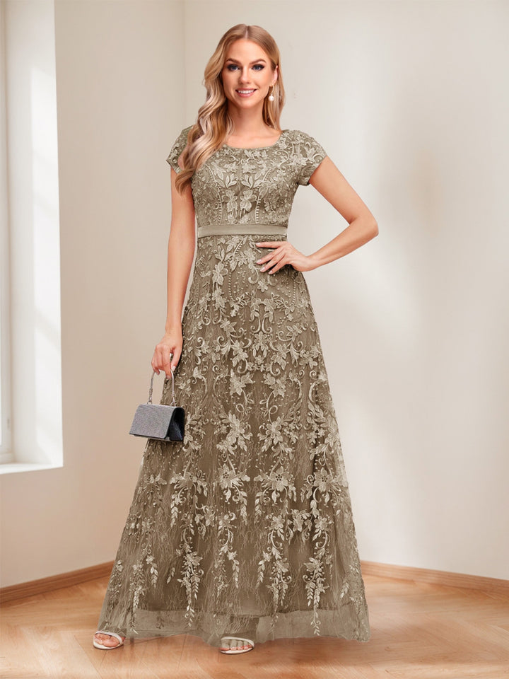 A-Line/Princess Scoop Short Sleeves Mother of the Bride Dresses with Appliques &amp; Beading