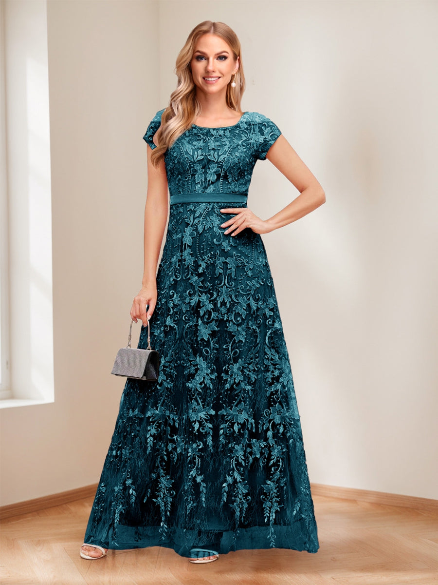 A-Line/Princess Scoop Short Sleeves Mother of the Bride Dresses with Appliques &amp; Beading