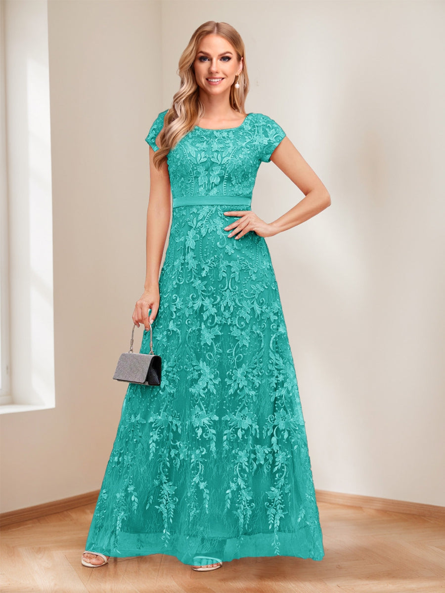 A-Line/Princess Scoop Short Sleeves Mother of the Bride Dresses with Appliques &amp; Beading