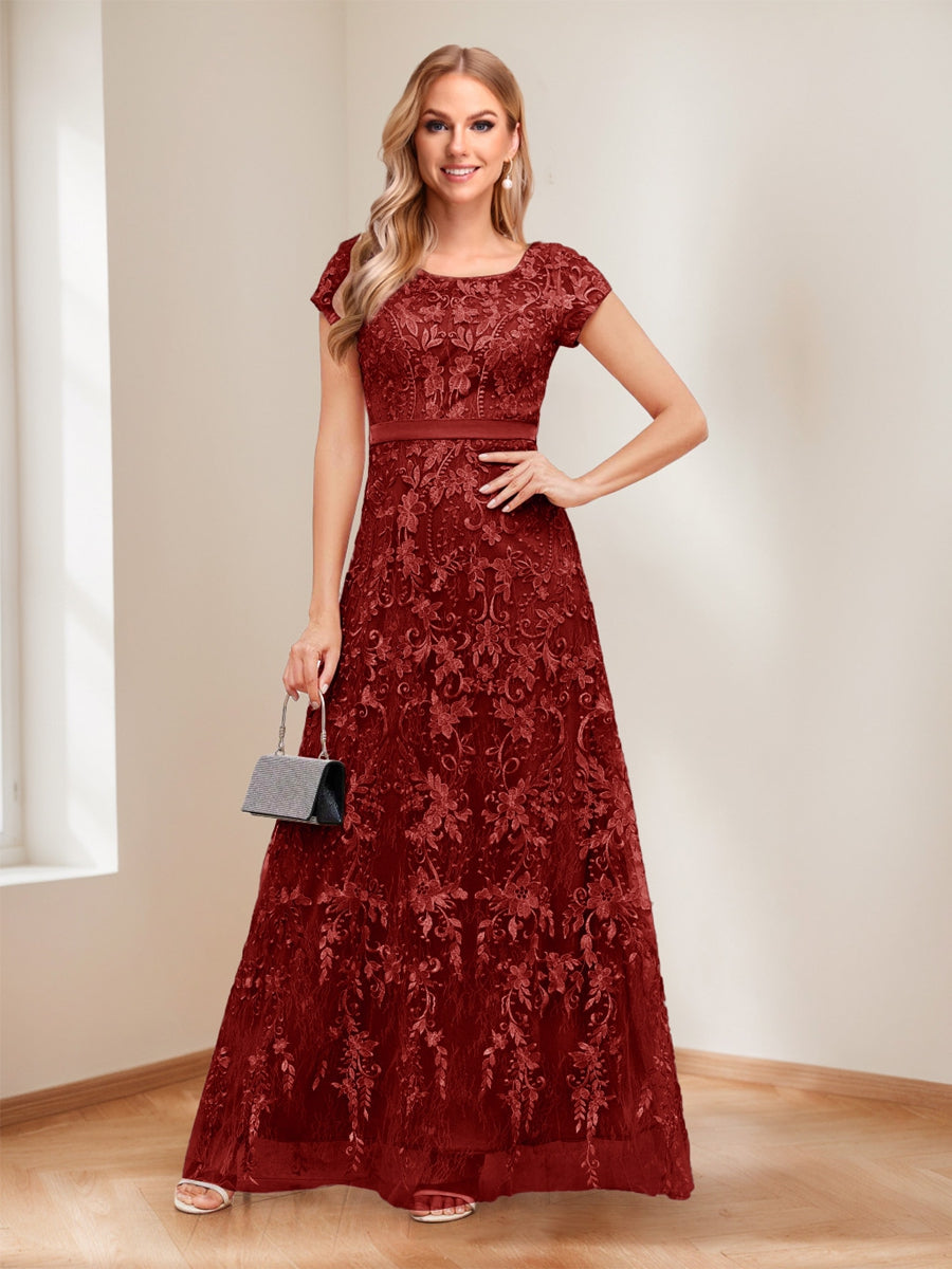 A-Line/Princess Scoop Short Sleeves Mother of the Bride Dresses with Appliques &amp; Beading