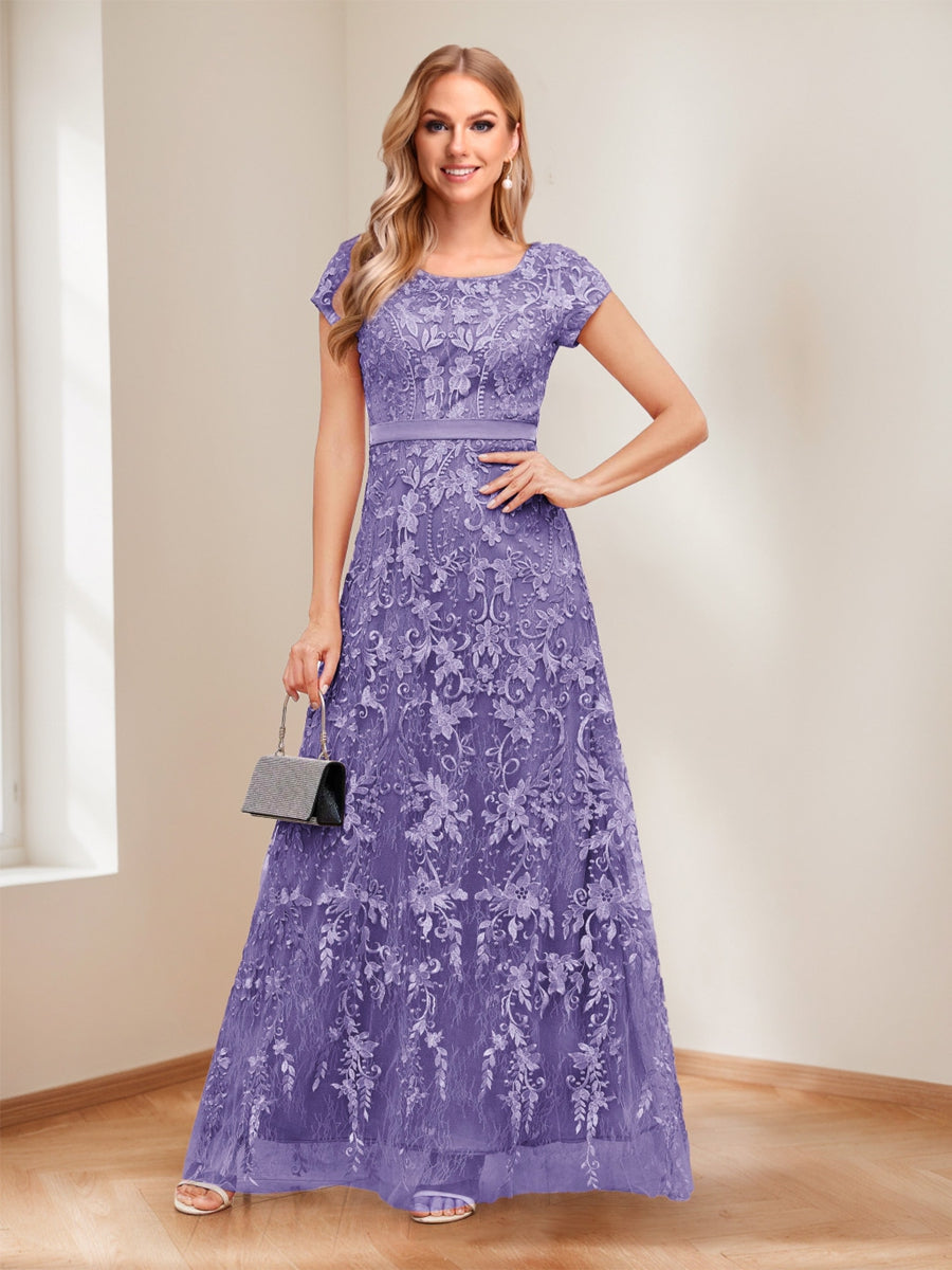 A-Line/Princess Scoop Short Sleeves Mother of the Bride Dresses with Appliques &amp; Beading