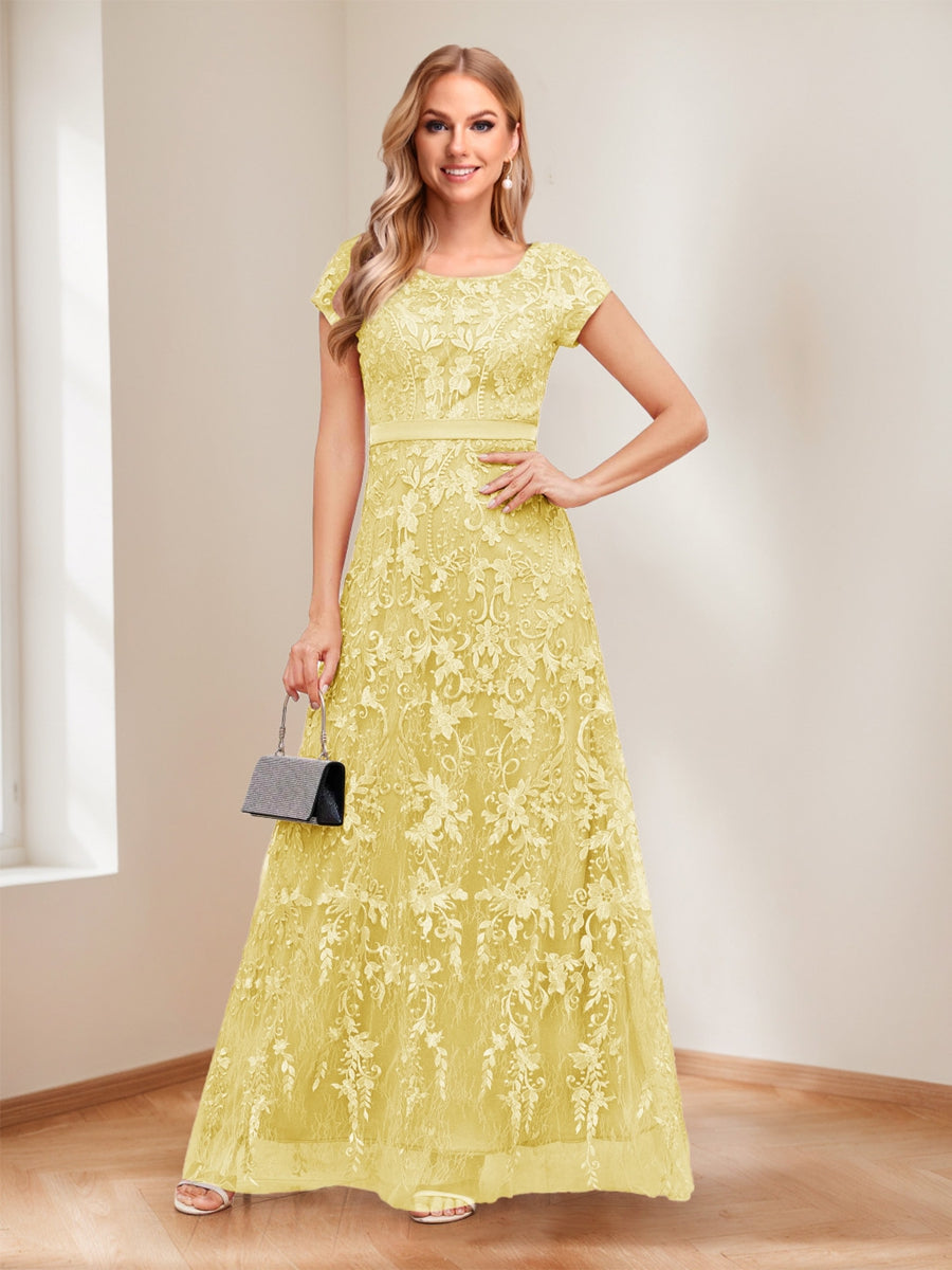 A-Line/Princess Scoop Short Sleeves Mother of the Bride Dresses with Appliques &amp; Beading