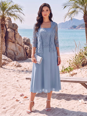 A-Line/Princess Square Neck Tea-Length Mother of the Bride Dresses with Lace Appliques & Jacket