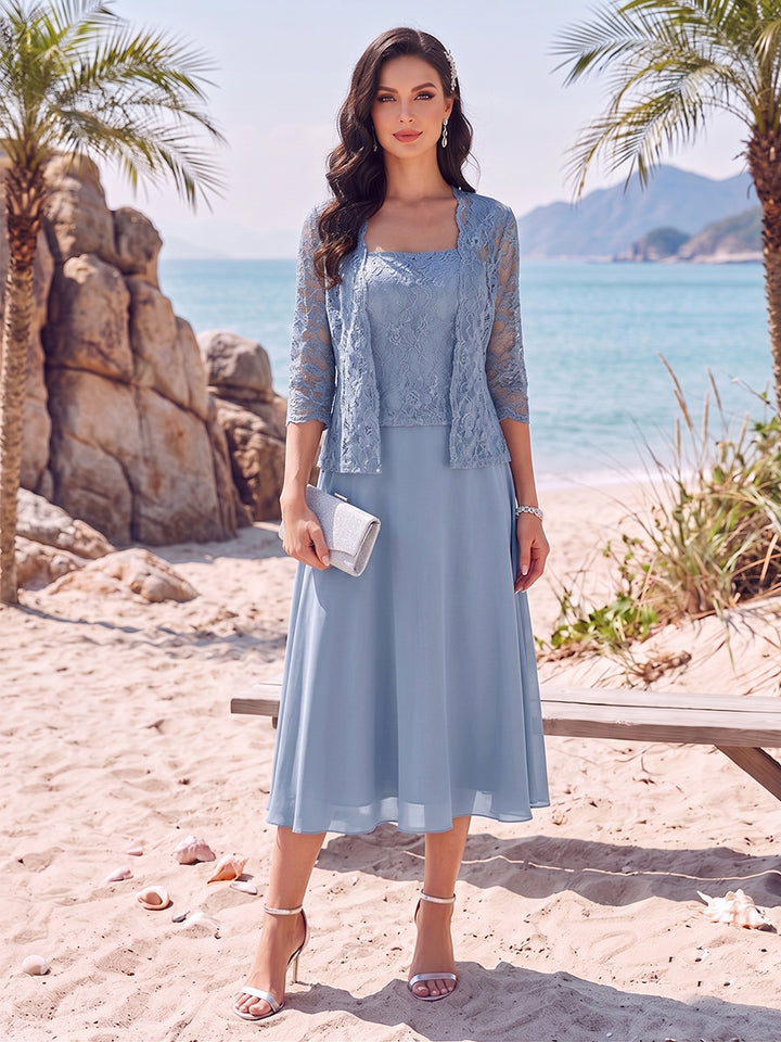 A-Line/Princess Square Neck Tea-Length Mother of the Bride Dresses with Lace Appliques &amp; Jacket