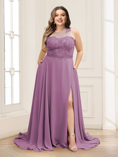 A-Line/Princess One-Shoulder Plus Size Mother of the Bride Dresses with Appliques & Split Side
