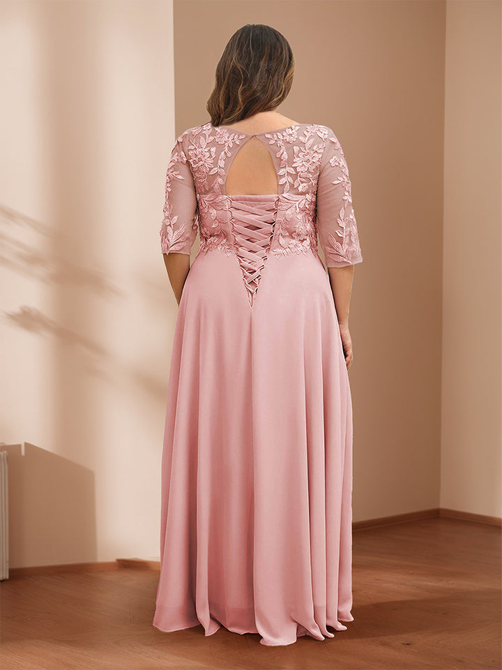 A-Line/Princess V-Neck Plus Size Mother of the Bride Dresses with Appliques &amp; Watteau Train