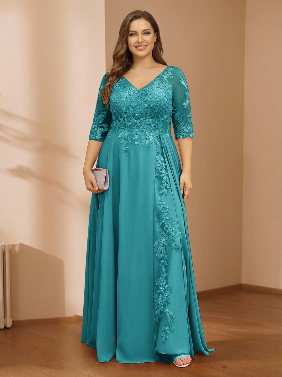 A-Line/Princess V-Neck Plus Size Mother of the Bride Dresses with Appliques &amp; Watteau Train