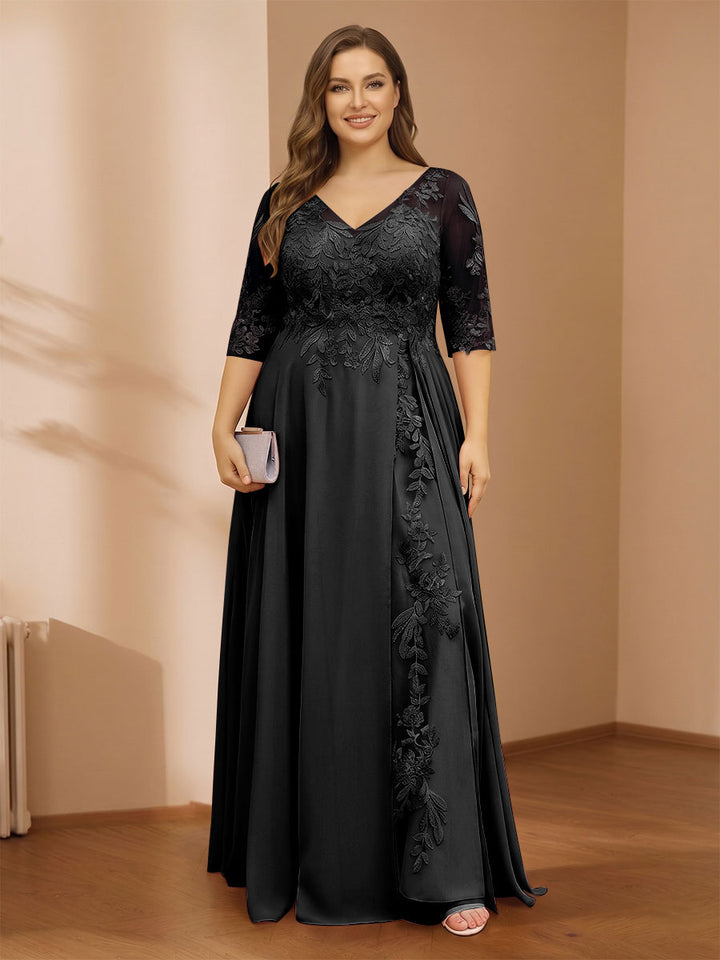 A-Line/Princess V-Neck Plus Size Mother of the Bride Dresses with Appliques &amp; Watteau Train