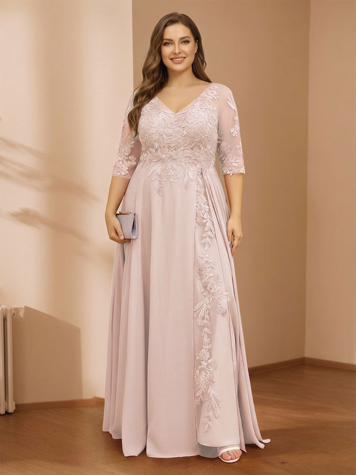A-Line/Princess V-Neck Plus Size Mother of the Bride Dresses with Appliques &amp; Watteau Train