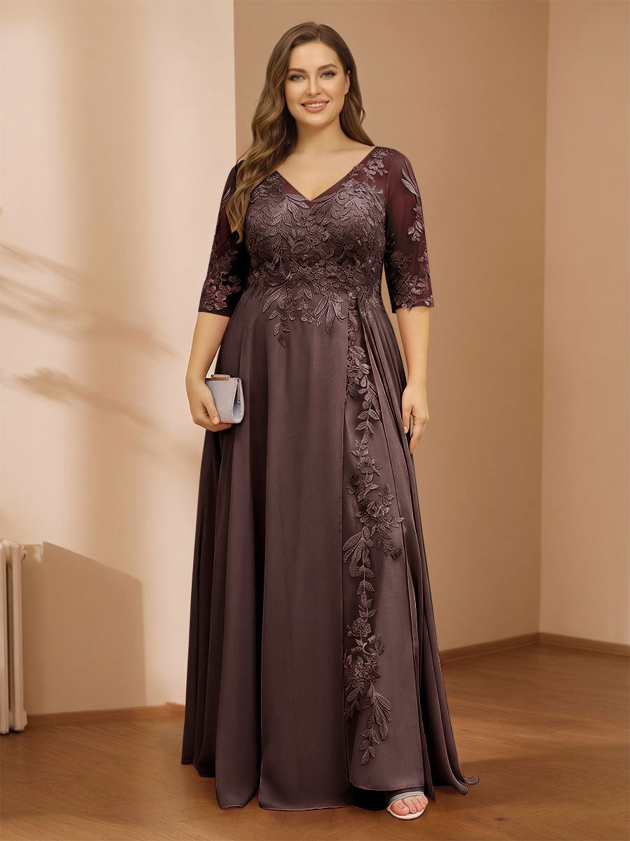 A-Line/Princess V-Neck Plus Size Mother of the Bride Dresses with Appliques &amp; Watteau Train