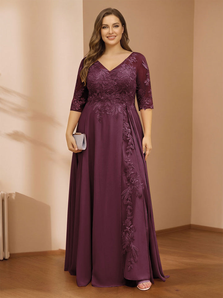 A-Line/Princess V-Neck Plus Size Mother of the Bride Dresses with Appliques &amp; Watteau Train
