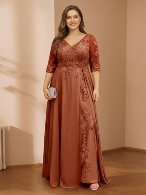 A-Line/Princess V-Neck Plus Size Mother of the Bride Dresses with Appliques & Watteau Train