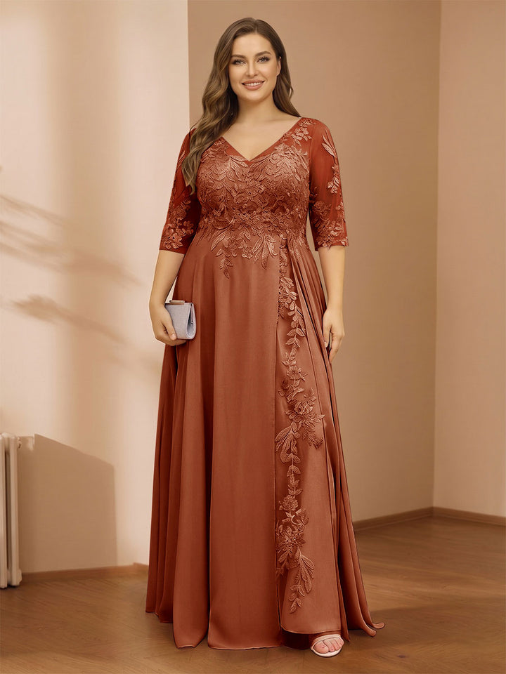 A-Line/Princess V-Neck Plus Size Mother of the Bride Dresses with Appliques &amp; Watteau Train