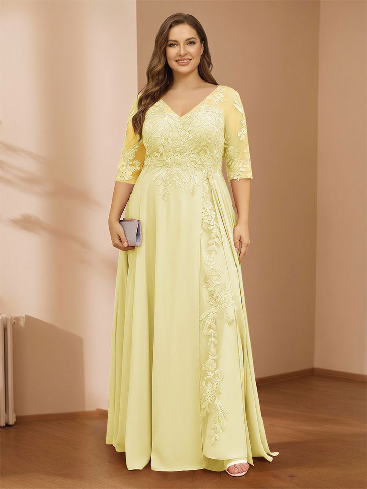 A-Line/Princess V-Neck Plus Size Mother of the Bride Dresses with Appliques &amp; Watteau Train