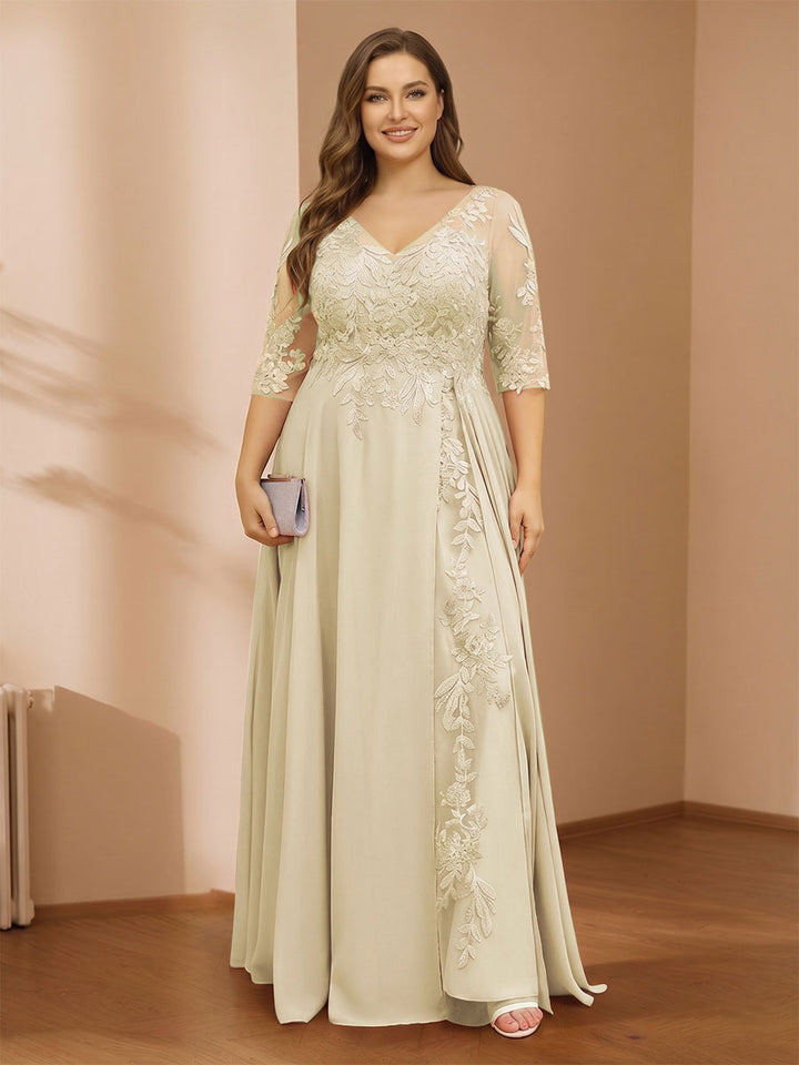 A-Line/Princess V-Neck Plus Size Mother of the Bride Dresses with Appliques &amp; Watteau Train