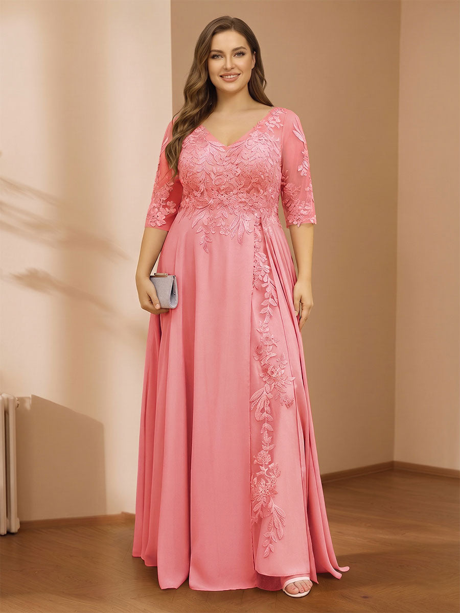 A-Line/Princess V-Neck Plus Size Mother of the Bride Dresses with Appliques &amp; Watteau Train