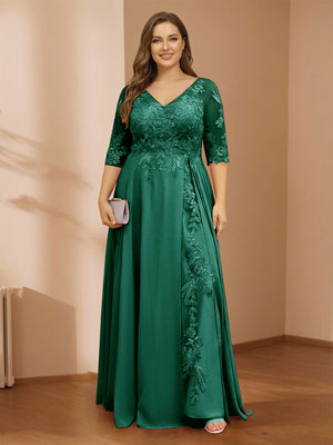 A-Line/Princess V-Neck Plus Size Mother of the Bride Dresses with Appliques & Watteau Train