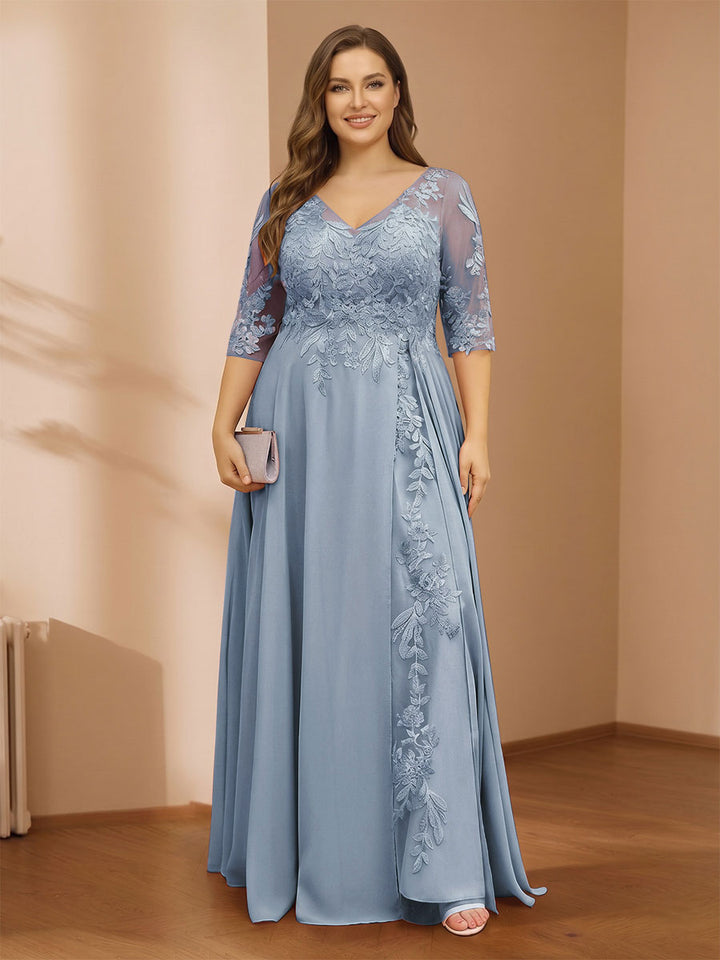 A-Line/Princess V-Neck Plus Size Mother of the Bride Dresses with Appliques &amp; Watteau Train