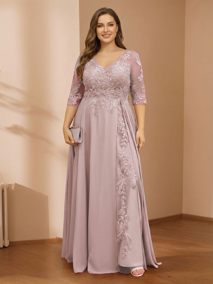 A-Line/Princess V-Neck Plus Size Mother of the Bride Dresses with Appliques &amp; Watteau Train