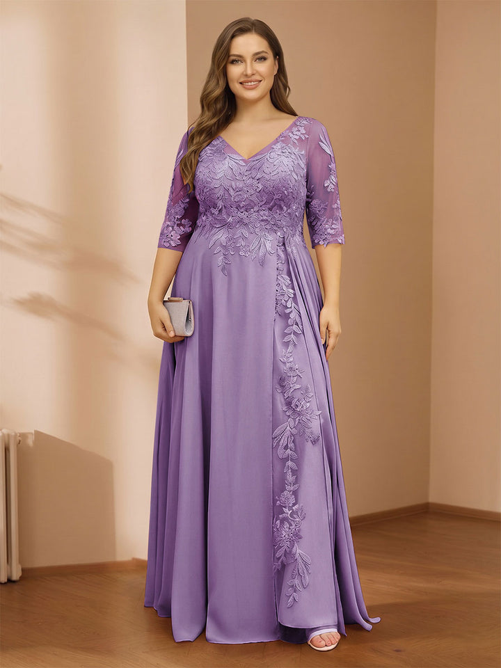 A-Line/Princess V-Neck Plus Size Mother of the Bride Dresses with Appliques &amp; Watteau Train