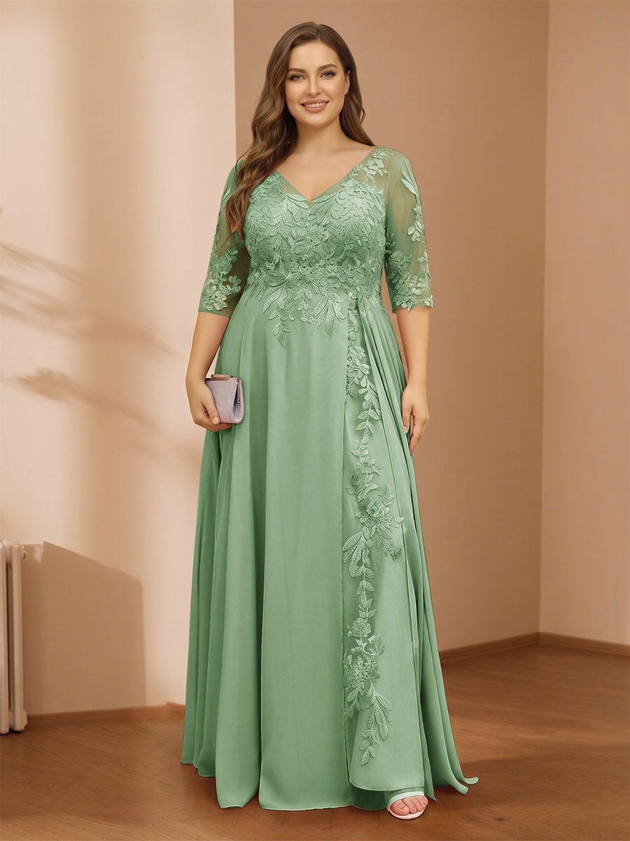 A-Line/Princess V-Neck Plus Size Mother of the Bride Dresses with Appliques &amp; Watteau Train