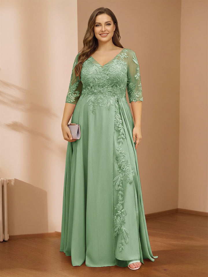 A-Line/Princess V-Neck Plus Size Mother of the Bride Dresses with Appliques &amp; Watteau Train