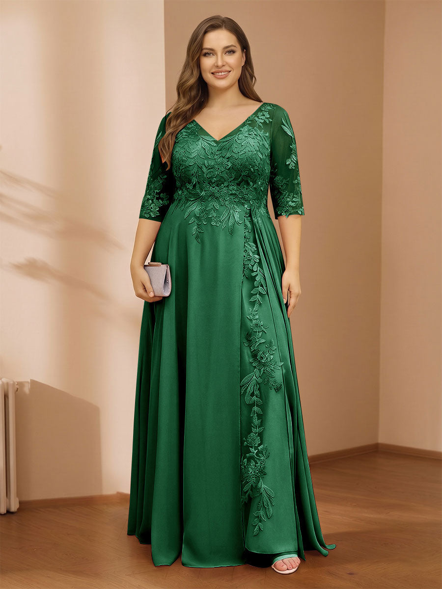 A-Line/Princess V-Neck Plus Size Mother of the Bride Dresses with Appliques &amp; Watteau Train