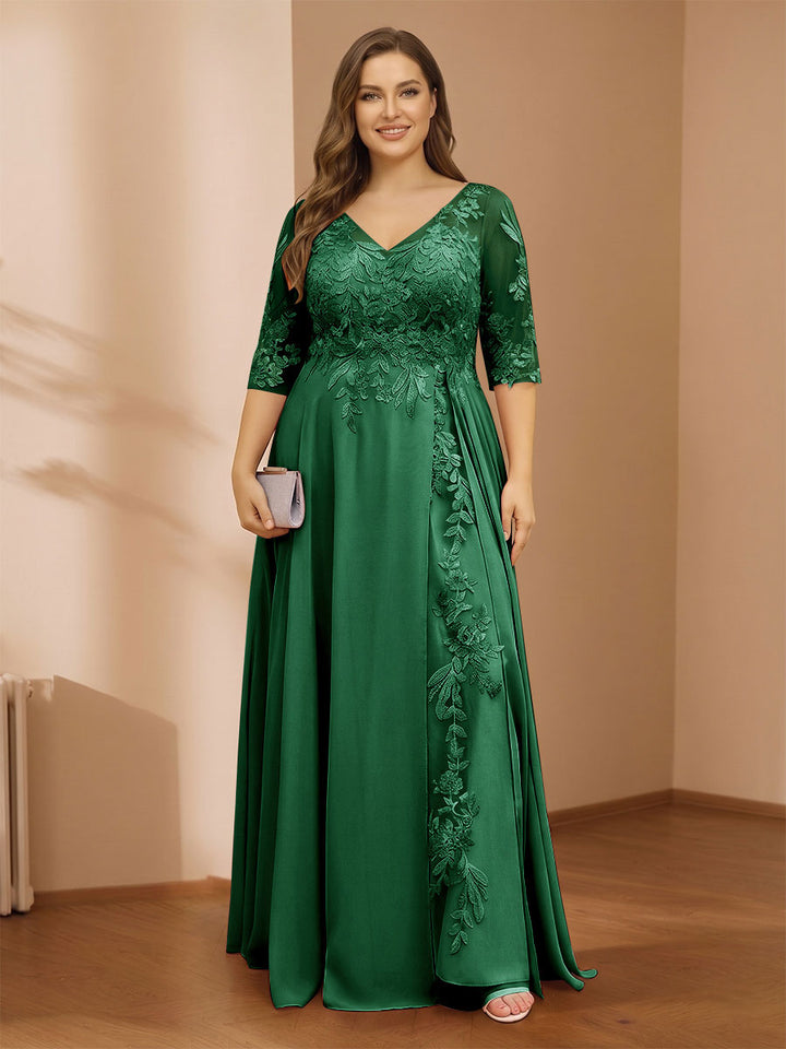 A-Line/Princess V-Neck Plus Size Mother of the Bride Dresses with Appliques &amp; Watteau Train