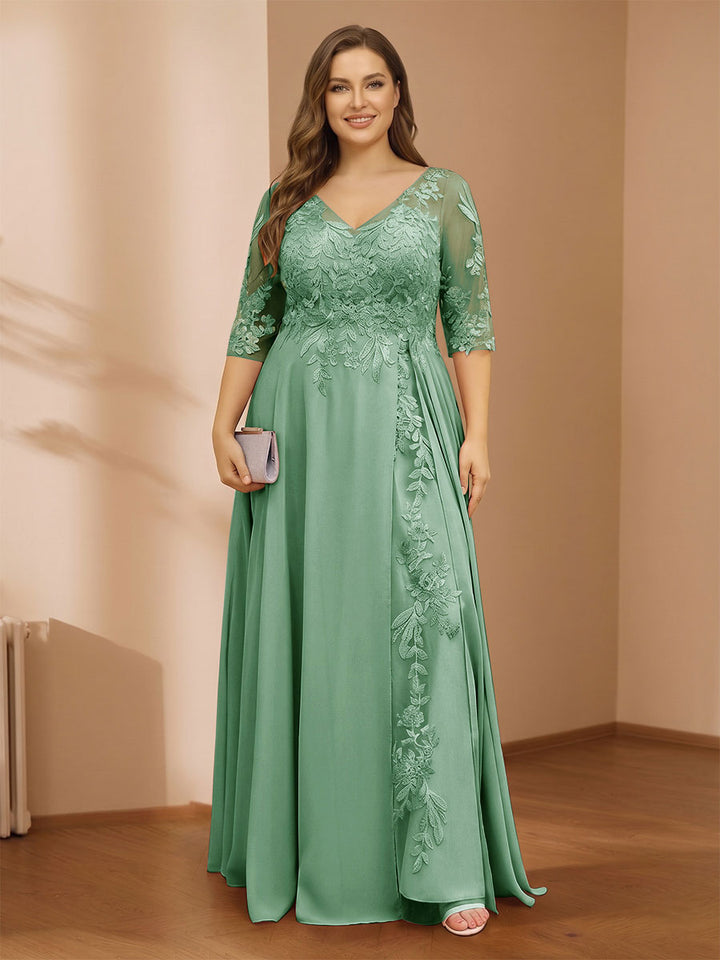 A-Line/Princess V-Neck Plus Size Mother of the Bride Dresses with Appliques &amp; Watteau Train
