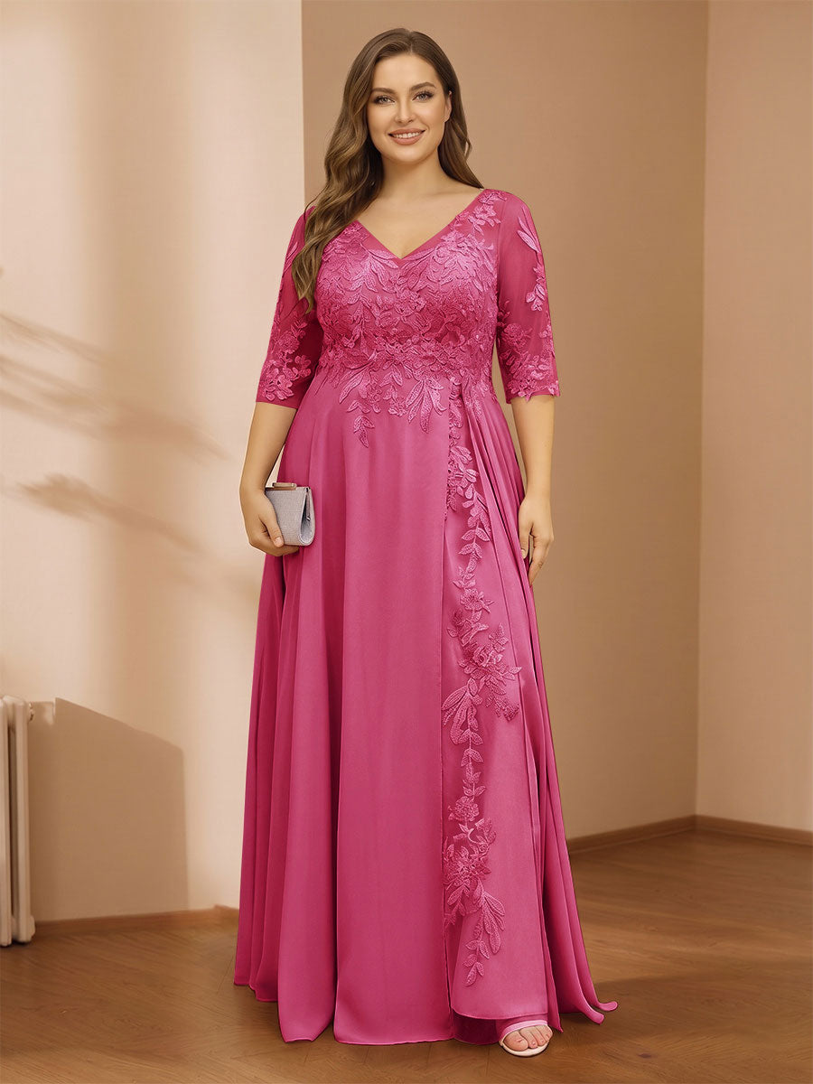 A-Line/Princess V-Neck Plus Size Mother of the Bride Dresses with Appliques &amp; Watteau Train