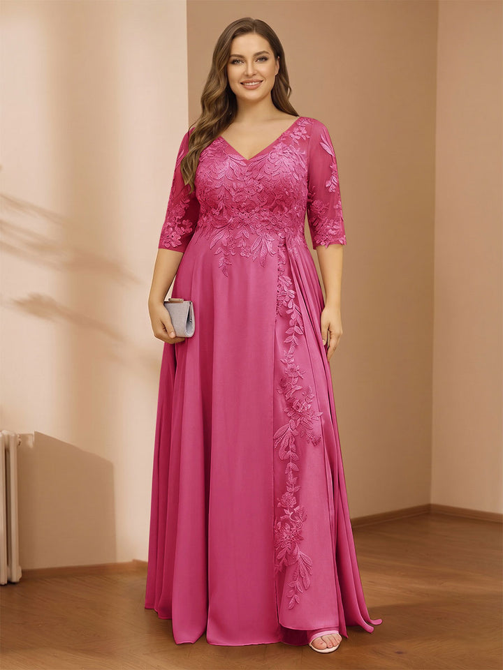 A-Line/Princess V-Neck Plus Size Mother of the Bride Dresses with Appliques &amp; Watteau Train