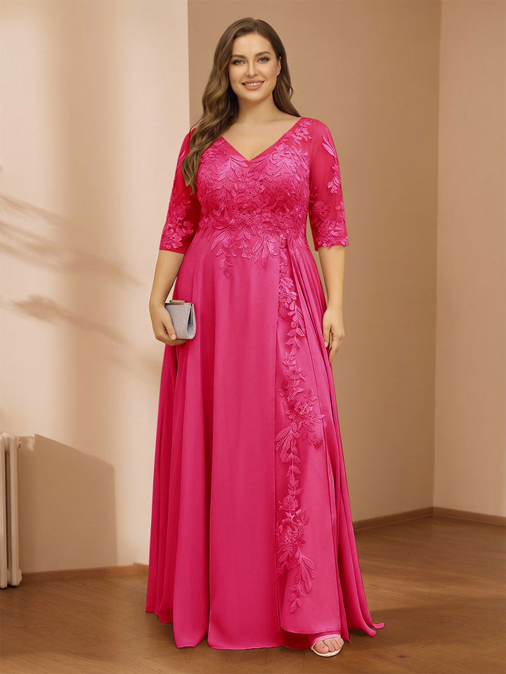 A-Line/Princess V-Neck Plus Size Mother of the Bride Dresses with Appliques &amp; Watteau Train