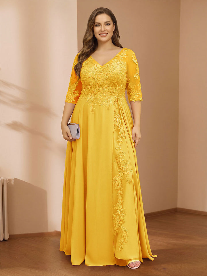 A-Line/Princess V-Neck Plus Size Mother of the Bride Dresses with Appliques &amp; Watteau Train