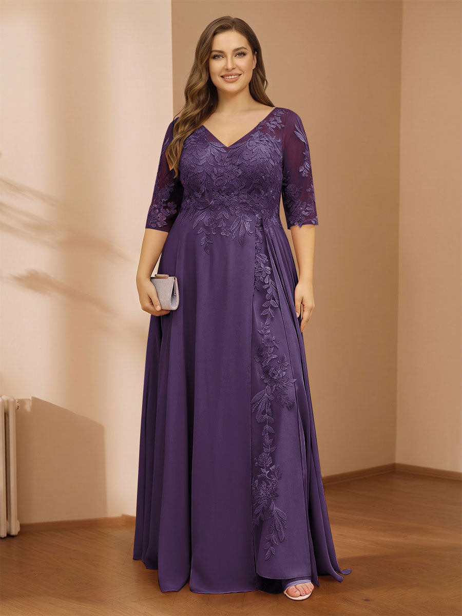 A-Line/Princess V-Neck Plus Size Mother of the Bride Dresses with Appliques &amp; Watteau Train