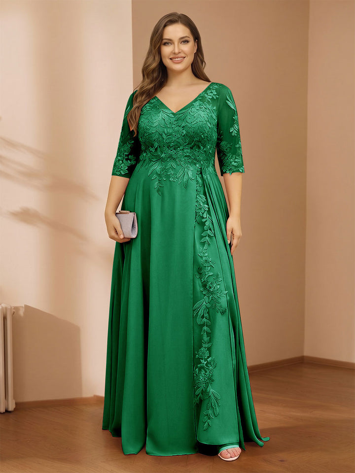 A-Line/Princess V-Neck Plus Size Mother of the Bride Dresses with Appliques &amp; Watteau Train