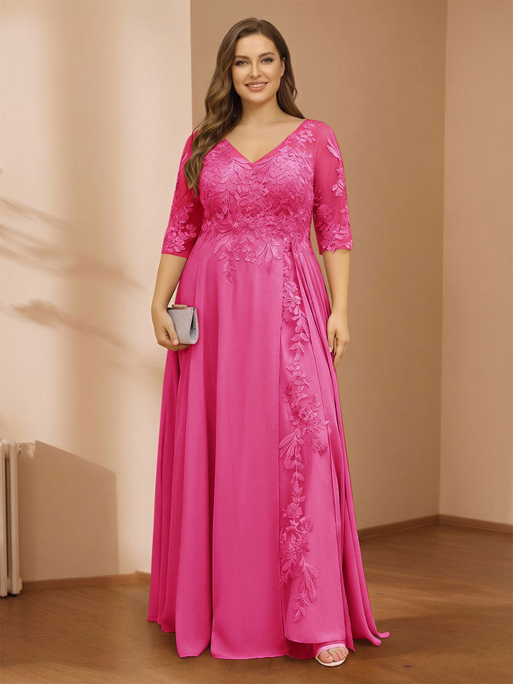 A-Line/Princess V-Neck Plus Size Mother of the Bride Dresses with Appliques &amp; Watteau Train