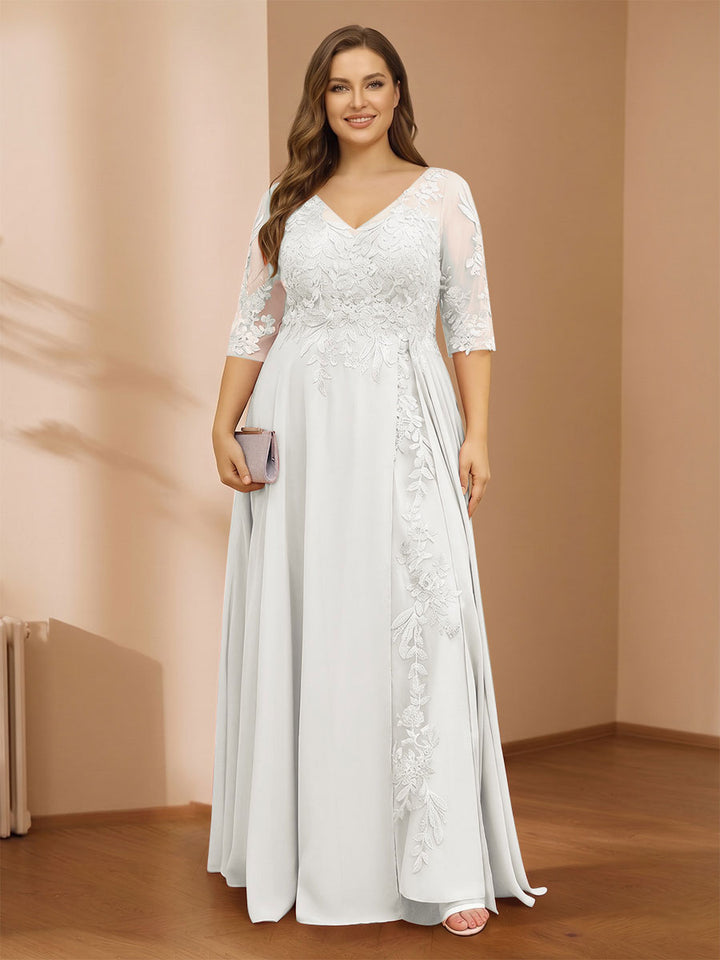 A-Line/Princess V-Neck Plus Size Mother of the Bride Dresses with Appliques &amp; Watteau Train