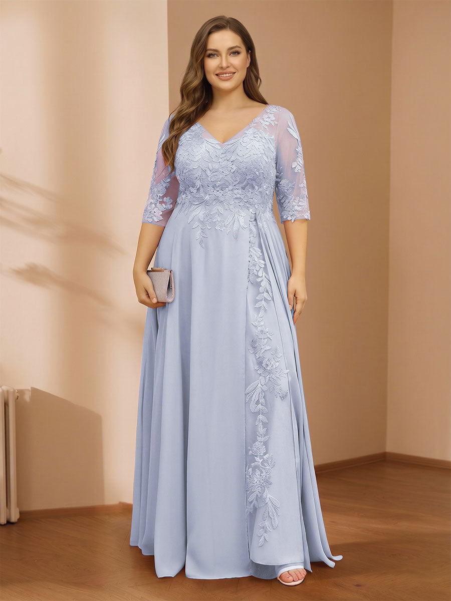 A-Line/Princess V-Neck Plus Size Mother of the Bride Dresses with Appliques &amp; Watteau Train