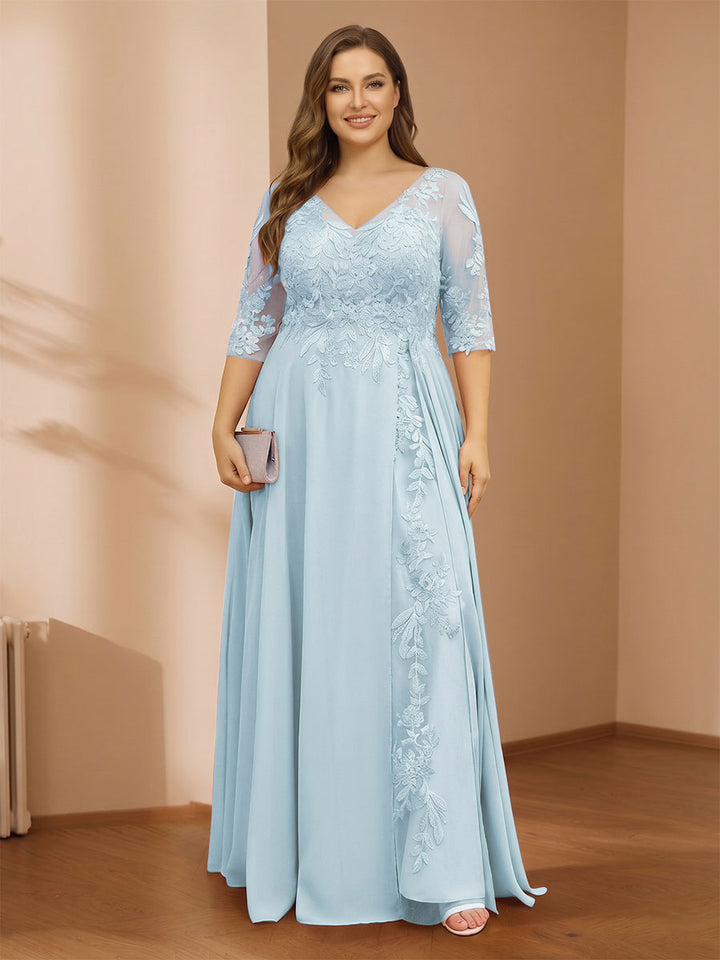 A-Line/Princess V-Neck Plus Size Mother of the Bride Dresses with Appliques &amp; Watteau Train