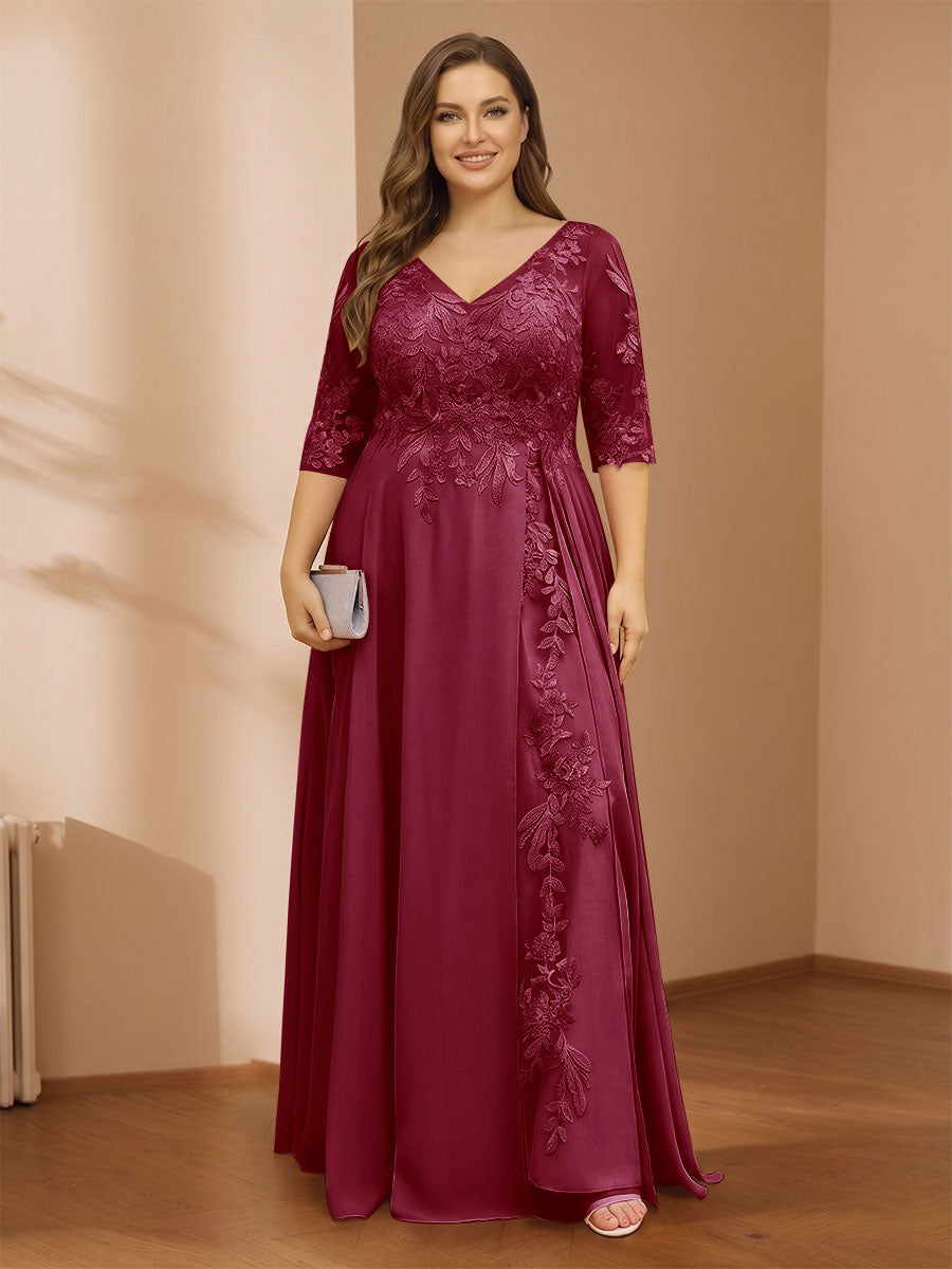 A-Line/Princess V-Neck Plus Size Mother of the Bride Dresses with Appliques &amp; Watteau Train