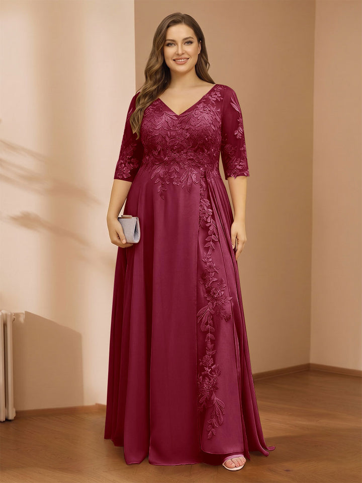 A-Line/Princess V-Neck Plus Size Mother of the Bride Dresses with Appliques &amp; Watteau Train