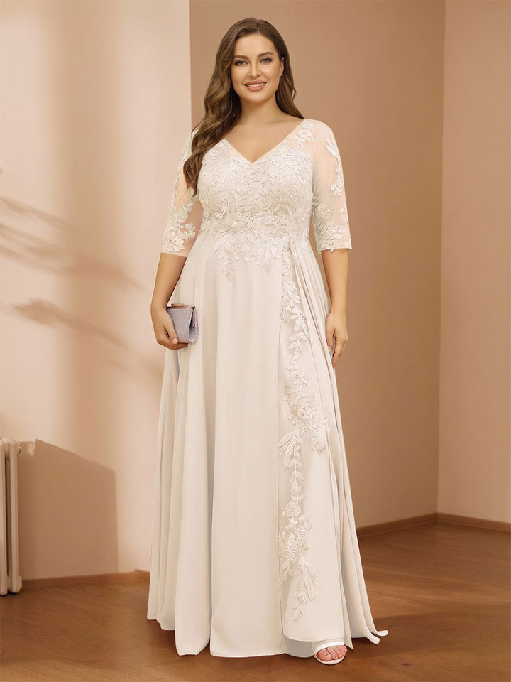 A-Line/Princess V-Neck Plus Size Mother of the Bride Dresses with Appliques &amp; Watteau Train