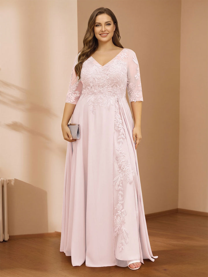 A-Line/Princess V-Neck Plus Size Mother of the Bride Dresses with Appliques &amp; Watteau Train